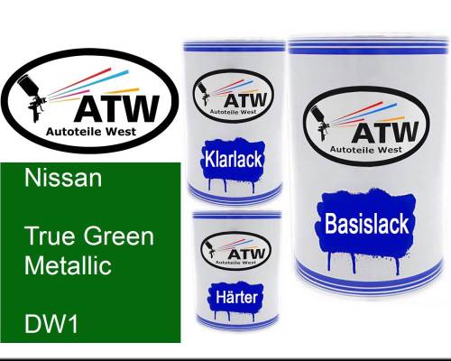 Nissan, True Green Metallic, DW1: 500ml Lackdose + 500ml Klarlack + 250ml Härter - Set, von ATW Autoteile West.